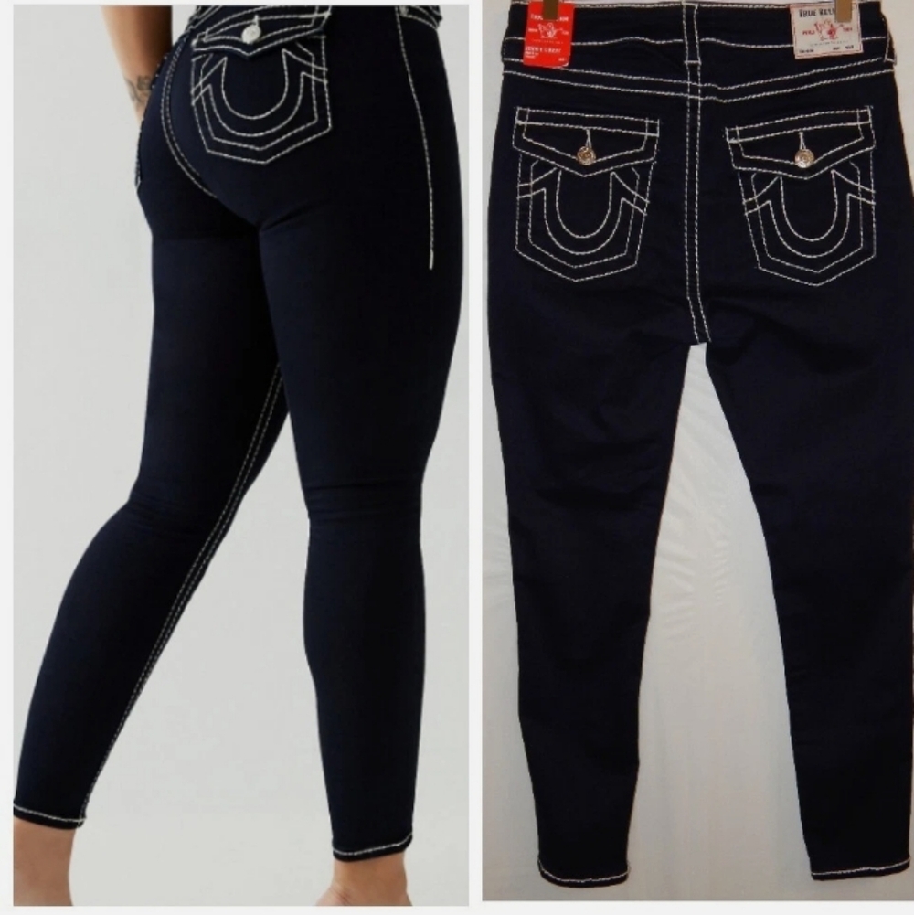 True Religion Jennie curvy indigo jeanswith White Stitching
